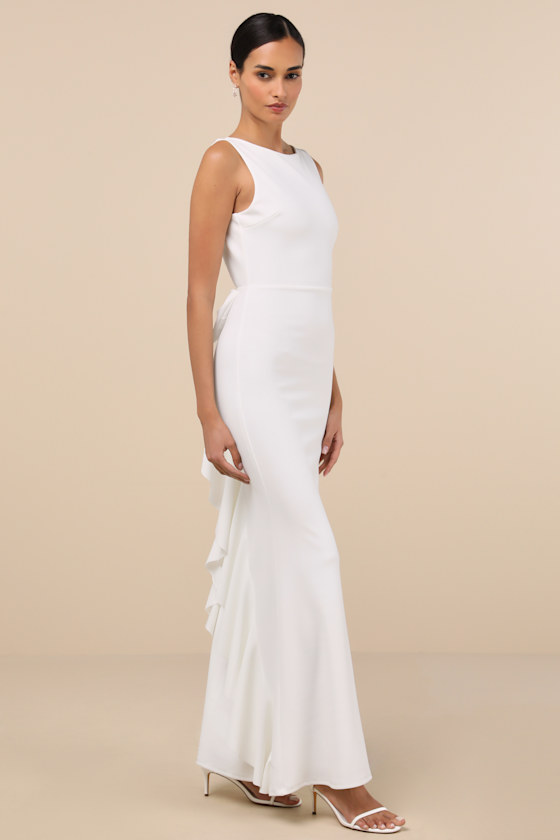 Lulus Exquisite Refinement Ivory Backless Bow Ruffled Maxi Dress In Ivory