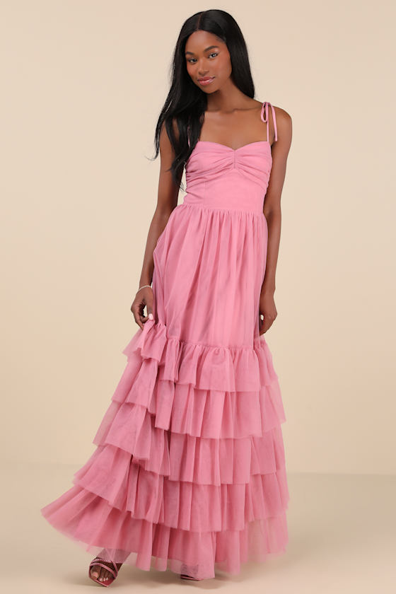 LULUS ENDLESSLY DARLING DUSTY ROSE MESH TIERED TIE-STRAP MAXI DRESS