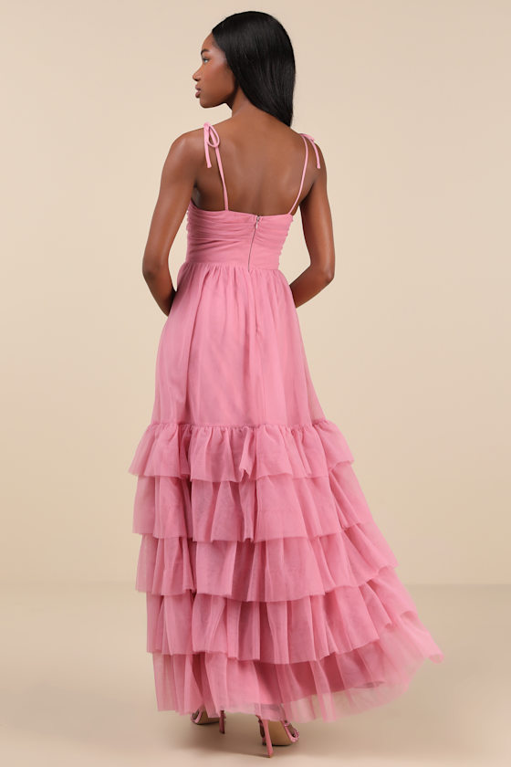 LULUS ENDLESSLY DARLING DUSTY ROSE MESH TIERED TIE-STRAP MAXI DRESS