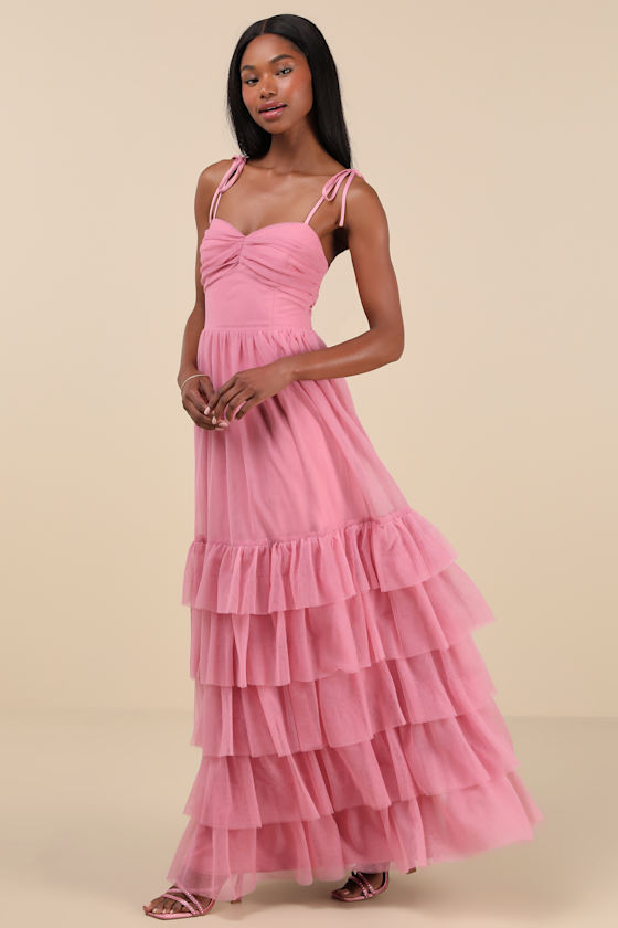 LULUS ENDLESSLY DARLING DUSTY ROSE MESH TIERED TIE-STRAP MAXI DRESS