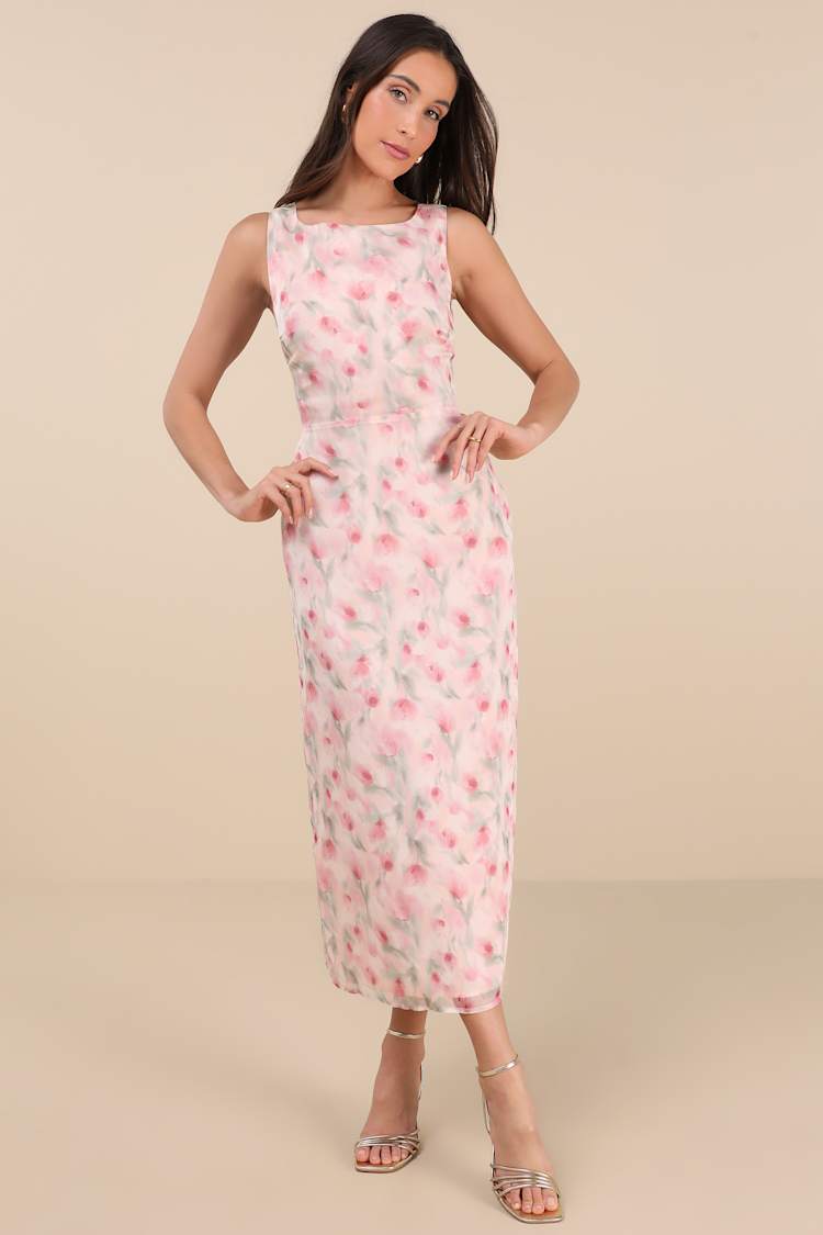 charismatic days pink floral cowl back midi dress Pink Floral Dress - Cowl Back Dress - Sleeveless Slip Midi Dress