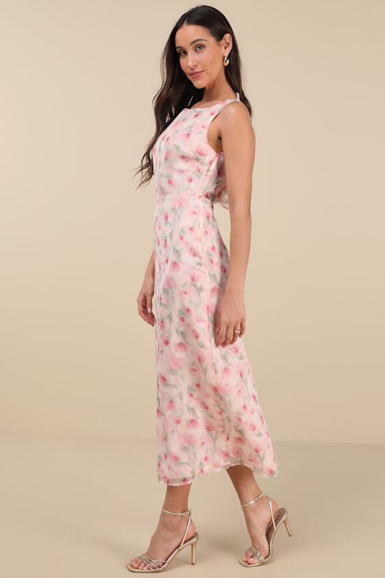 Lulus Charismatic Days Pink Floral Cowl Back Midi Dress In Pink