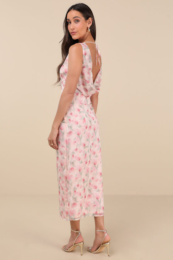 Lulus Charismatic Days Pink Floral Cowl Back Midi Dress In Pink