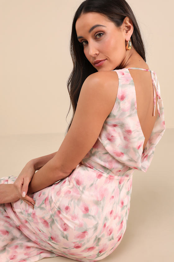 Lulus Charismatic Days Pink Floral Cowl Back Midi Dress In Pink