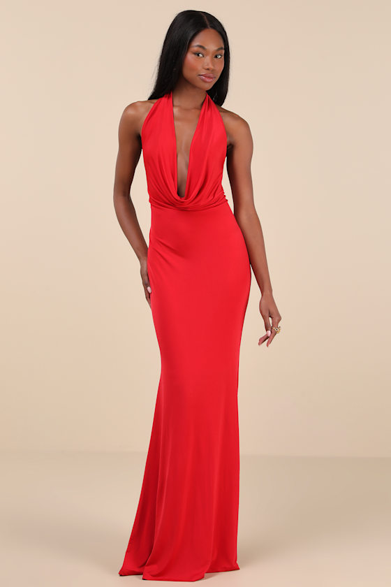Lulus Eye-catching Silhouette Red Cowl Neck Halter Maxi Dress In Red
