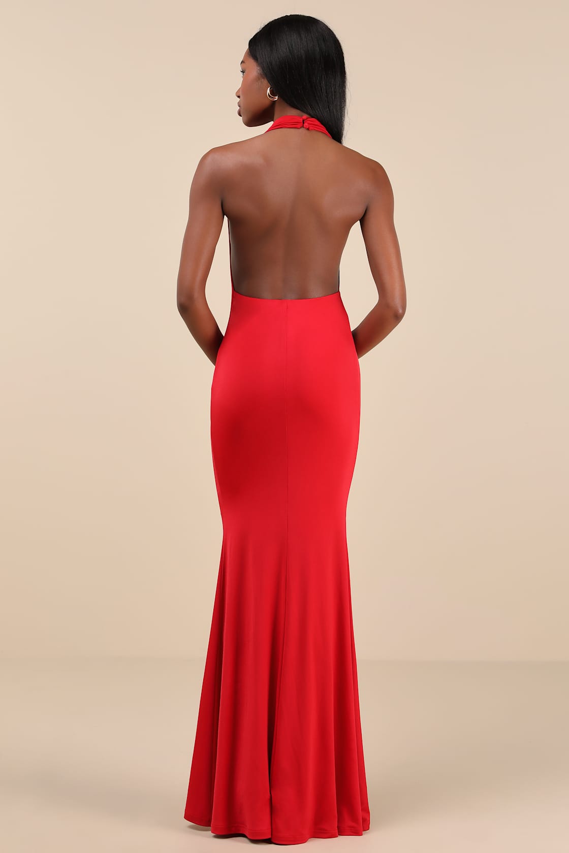 Eye-Catching Silhouette Red Cowl Neck Halter Maxi Dress