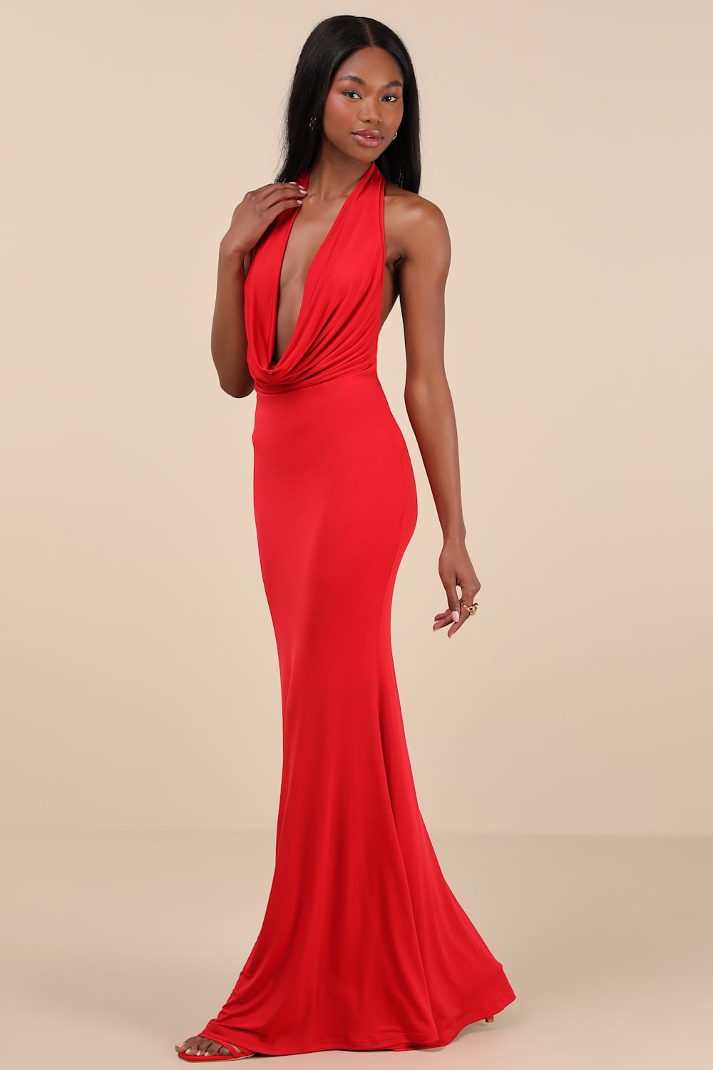 Eye-Catching Silhouette Red Cowl Neck Halter Maxi Dress