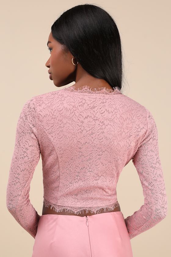 LULUS CERTAINLY EXQUISITE MAUVE PINK EYELASH LACE LONG SLEEVE CROP TOP