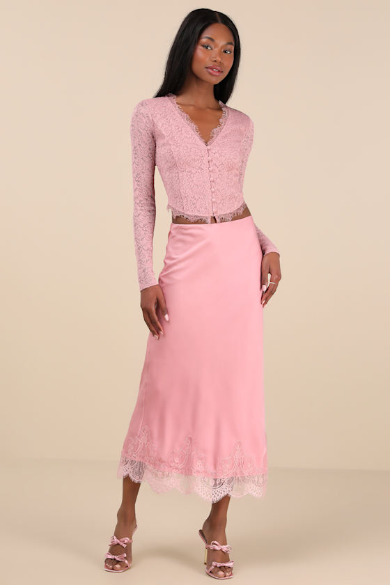 LULUS CERTAINLY EXQUISITE MAUVE PINK EYELASH LACE LONG SLEEVE CROP TOP