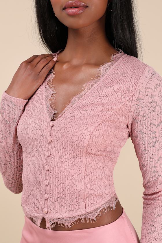 LULUS CERTAINLY EXQUISITE MAUVE PINK EYELASH LACE LONG SLEEVE CROP TOP