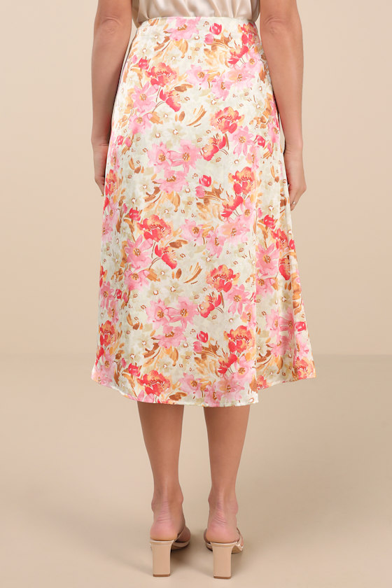 Lulus Nasima Cream Multi Floral Satin Midi Skirt In Cream Multi