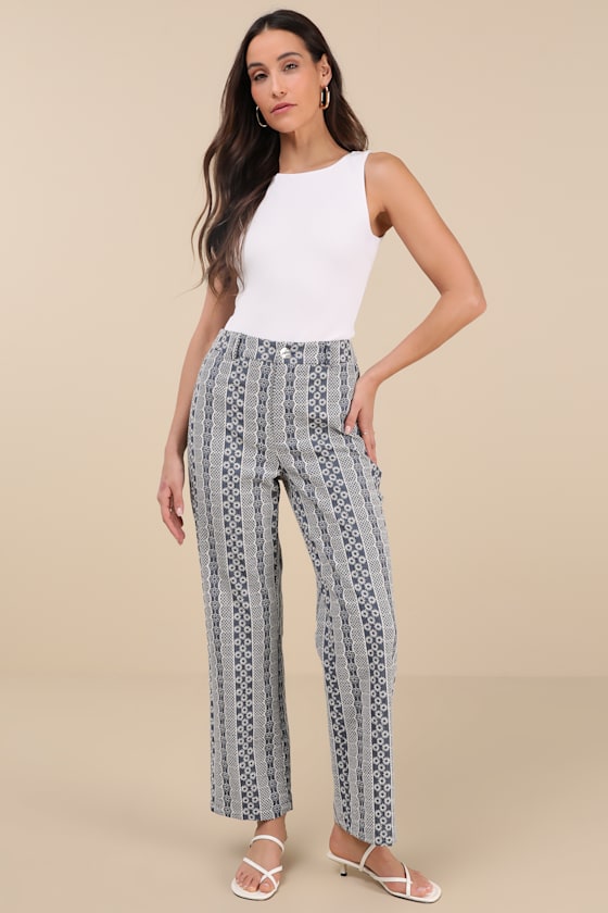 Lulus Sunnier Scenes Blue And Ivory Embroidered High-rise Pants In Blue And Ivory
