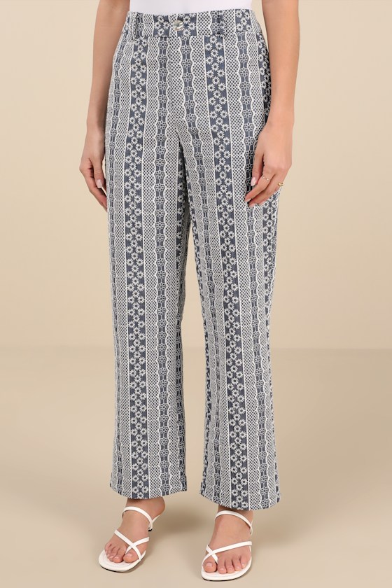 Lulus Sunnier Scenes Blue And Ivory Embroidered High-rise Pants In Blue And Ivory