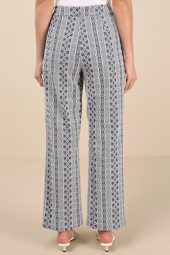 Lulus Sunnier Scenes Blue And Ivory Embroidered High-rise Pants In Blue And Ivory
