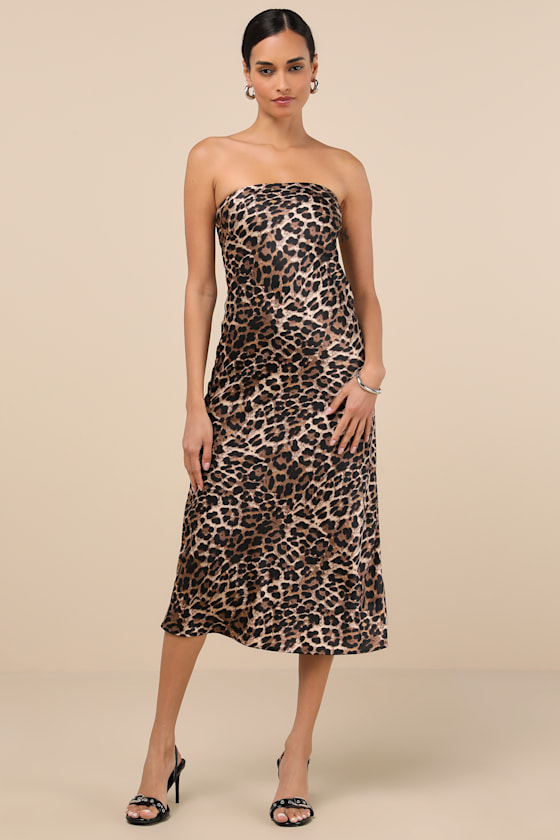 Image of Effortless Bliss Leopard Satin Strapless Cowl Back Midi Dress