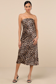 Effortless Bliss Leopard Satin Strapless Cowl Back Midi Dress