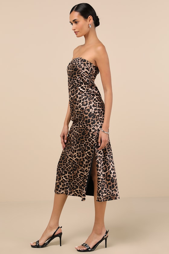 Lulus Effortless Bliss Leopard Satin Strapless Cowl Back Midi Dress In Brown