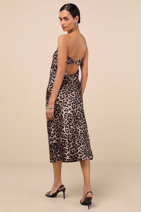 Lulus Effortless Bliss Leopard Satin Strapless Cowl Back Midi Dress In Brown