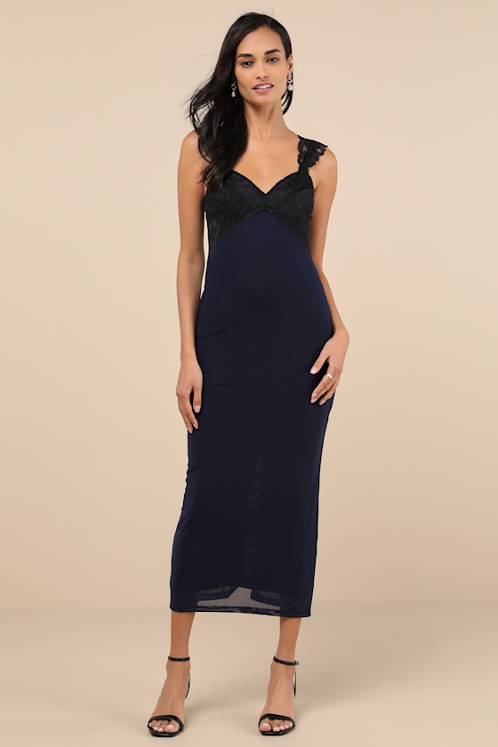 Lulus Flirty Whimsy Navy And Black Mesh Midi Dress In Navy