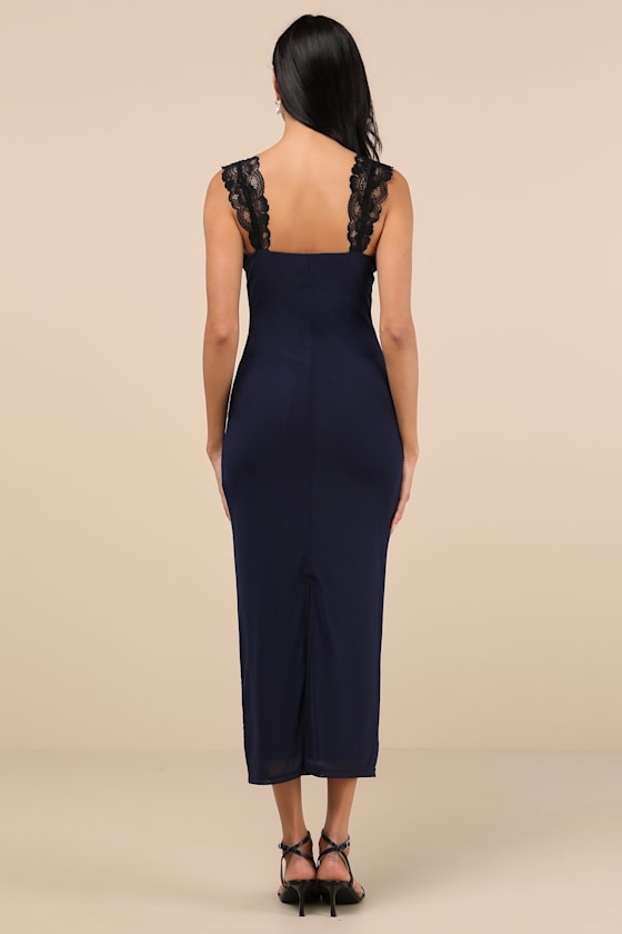 Lulus Flirty Whimsy Navy And Black Mesh Midi Dress In Navy