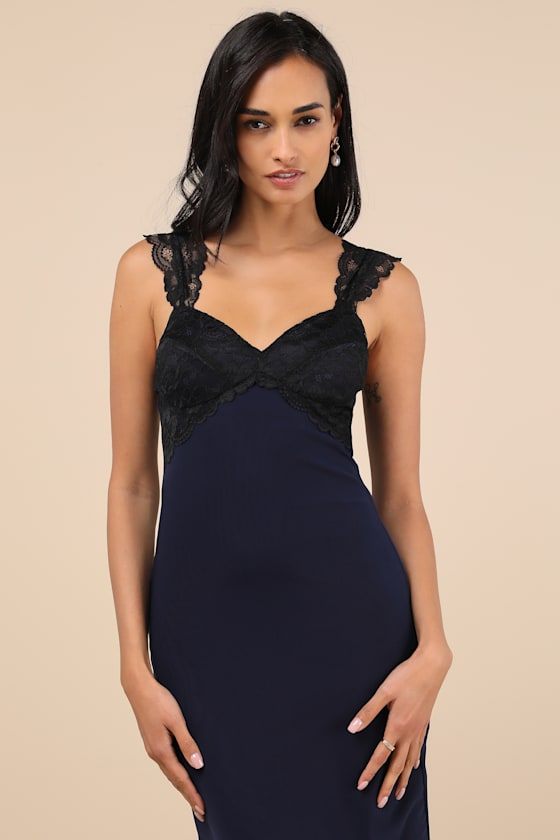 Lulus Flirty Whimsy Navy And Black Mesh Midi Dress In Navy