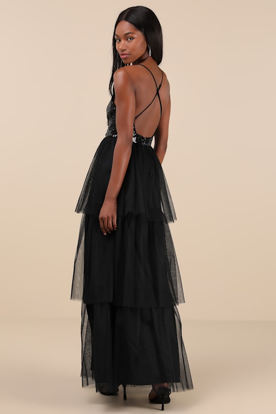 Lulus Maydon Black Tulle Sequin Tiered Maxi Dress In Black