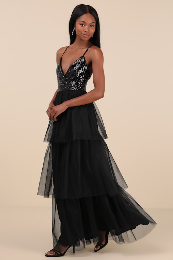 Lulus Maydon Black Tulle Sequin Tiered Maxi Dress In Black