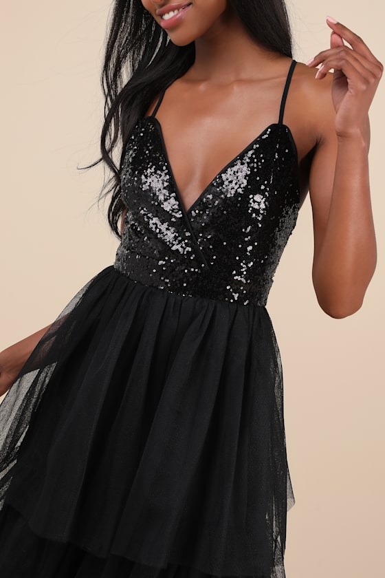 Lulus Maydon Black Tulle Sequin Tiered Maxi Dress In Black