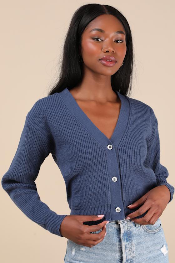 Lulus Toasty Babe Dark Blue Knit Button-up Cropped Cardigan In Dark Blue