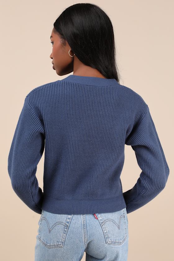 Lulus Toasty Babe Dark Blue Knit Button-up Cropped Cardigan In Dark Blue