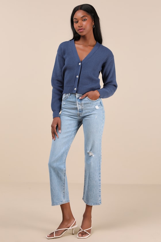 Lulus Toasty Babe Dark Blue Knit Button-up Cropped Cardigan In Dark Blue