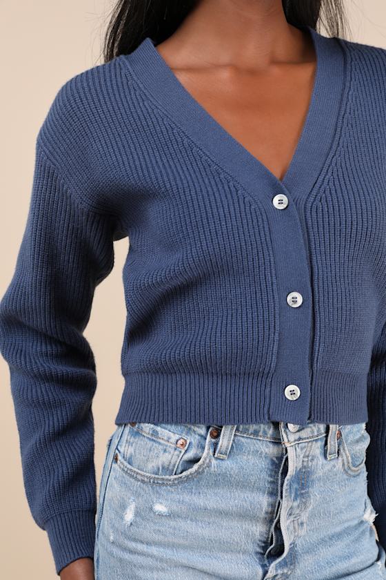 Lulus Toasty Babe Dark Blue Knit Button-up Cropped Cardigan In Dark Blue