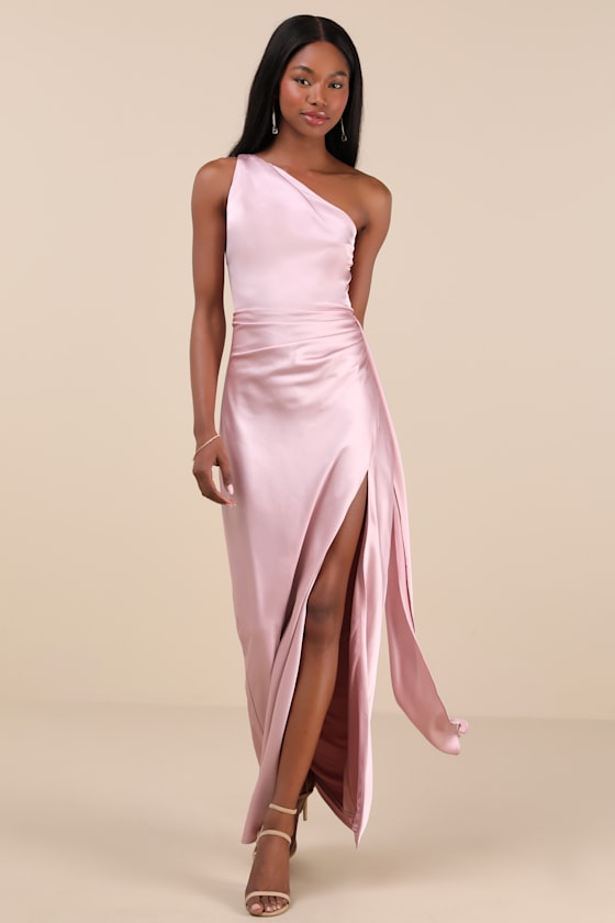Image of Signature Elegance Dusty Lavender Satin One-Shoulder Maxi Dress