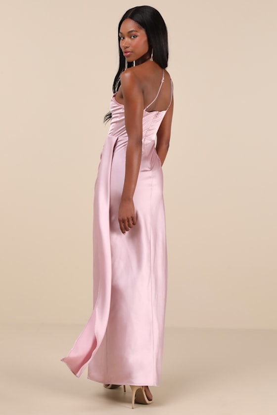 Lulus Signature Elegance Blush Satin One-shoulder Maxi Dress In Pink