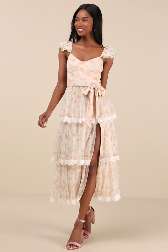 Blush Floral Midi Dress - Tiered Midi Dress - Bustier Midi Dress - Lulus
