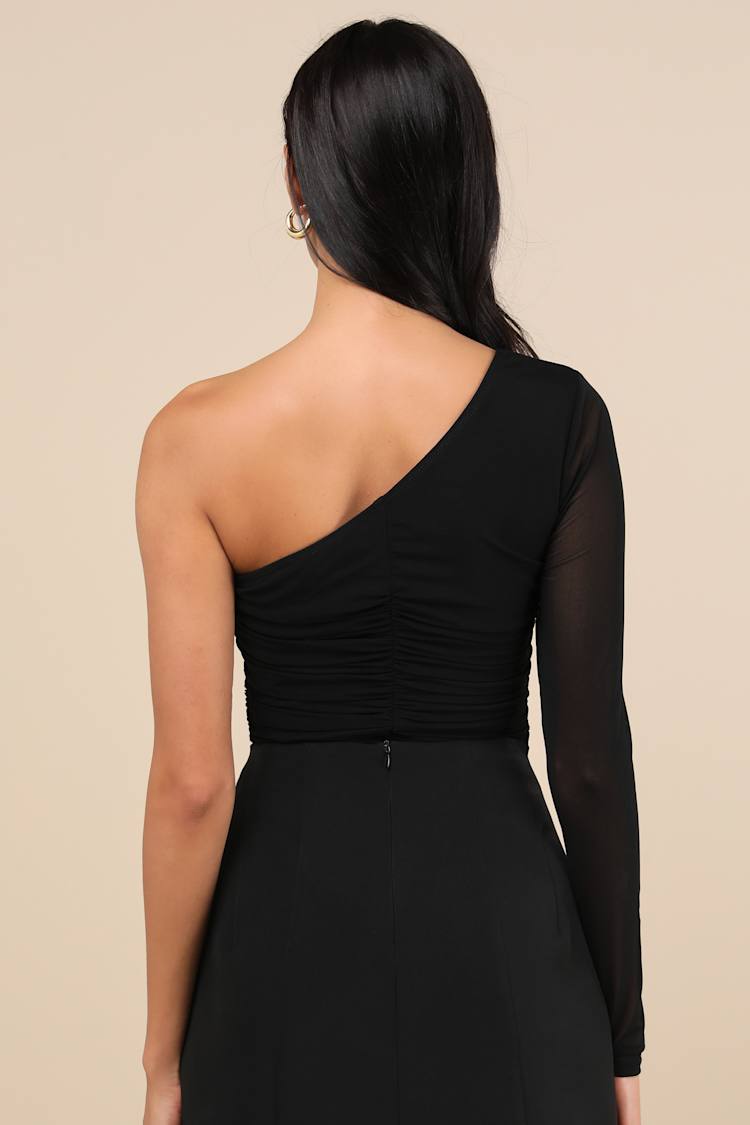 Tristina Black Ruched One-Shoulder Bodysuit