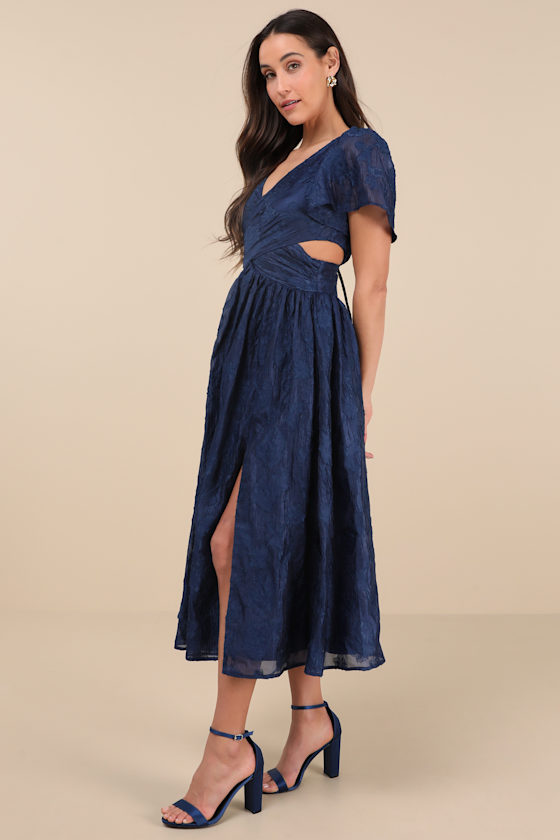 Shop Lulus Hilly Navy Floral Jacquard Lace-up Midi Dress