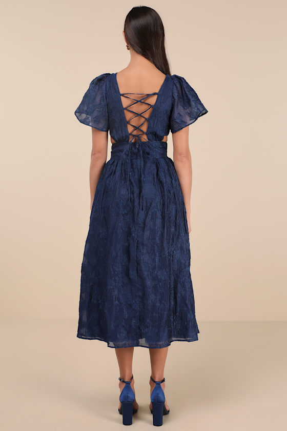 Shop Lulus Hilly Navy Floral Jacquard Lace-up Midi Dress