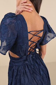 Hilly Navy Floral Jacquard Lace-Up Midi Dress