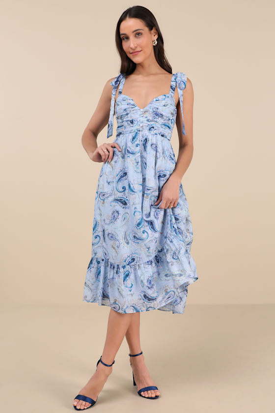 Lush Loveliness Light Blue Paisley Tie-Strap Midi Dress