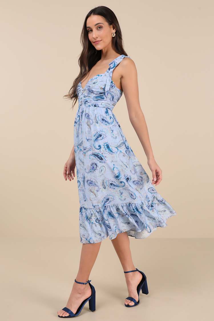 Lush Loveliness Light Blue Paisley Tie-Strap Midi Dress