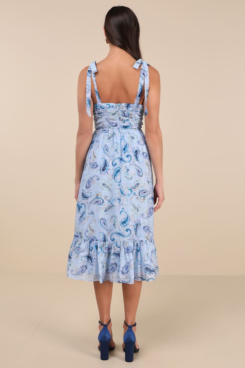 Lush Loveliness Light Blue Paisley Tie-Strap Midi Dress