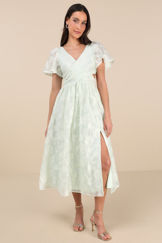 Lulus Hilly Light Mint Floral Jacquard Lace-up Midi Dress In Green