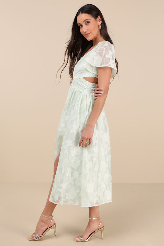 Lulus Hilly Light Mint Floral Jacquard Lace-up Midi Dress In Green