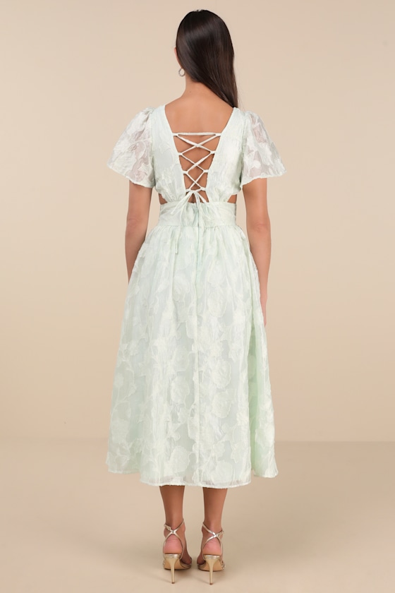 Lulus Hilly Light Mint Floral Jacquard Lace-up Midi Dress In Green