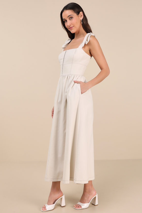 CREAM PRINTED TIE FRONT MIDI DRESS