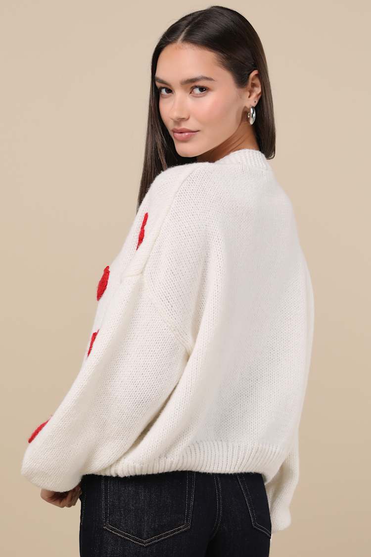 Herz Ivory 3D Heart Button-Up Cardigan Sweater