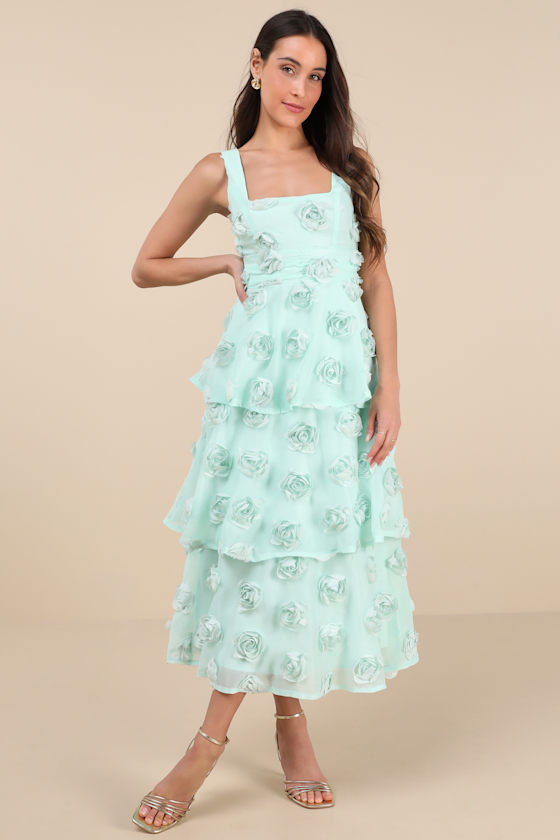 Lulus Exceptional Entrance Mint Sleeveless Tiered Rosette Midi Dress In Blue