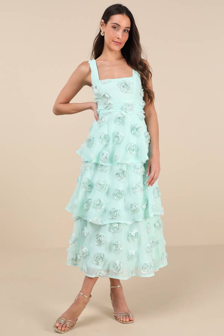 Lulus | Blue Exceptional Entrance Mint Sleeveless Tiered Rosette Midi Dress | Womens | Medium (Available in S, L, Xl) | 100% Polyester