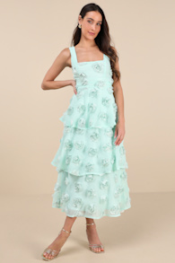 Exceptional Entrance Mint Sleeveless Tiered Rosette Midi Dress